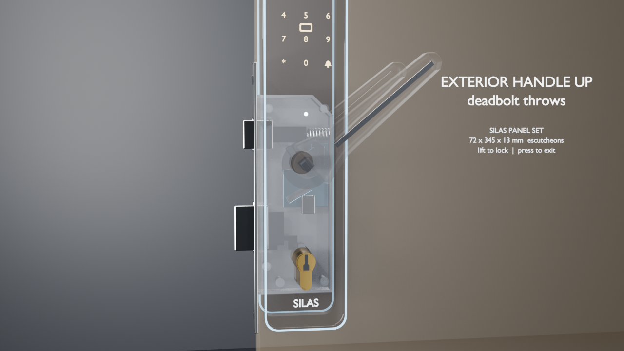 Exterior handle lifted, deadbolt throwing